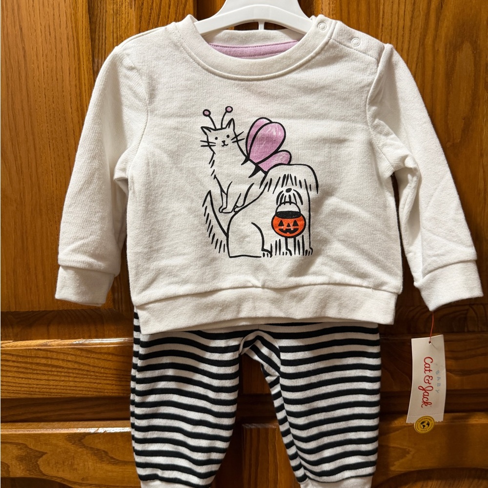 Cat & Jack Black white striped Cat - Dog Graphic Outfit Baby Size 6-9 months